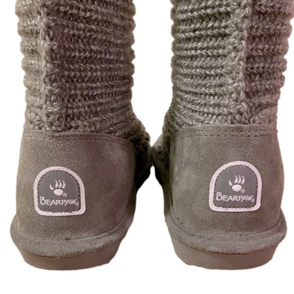 BearPaw Knit Tall Gray Boots Fold Over Pull On Cozy Size 6